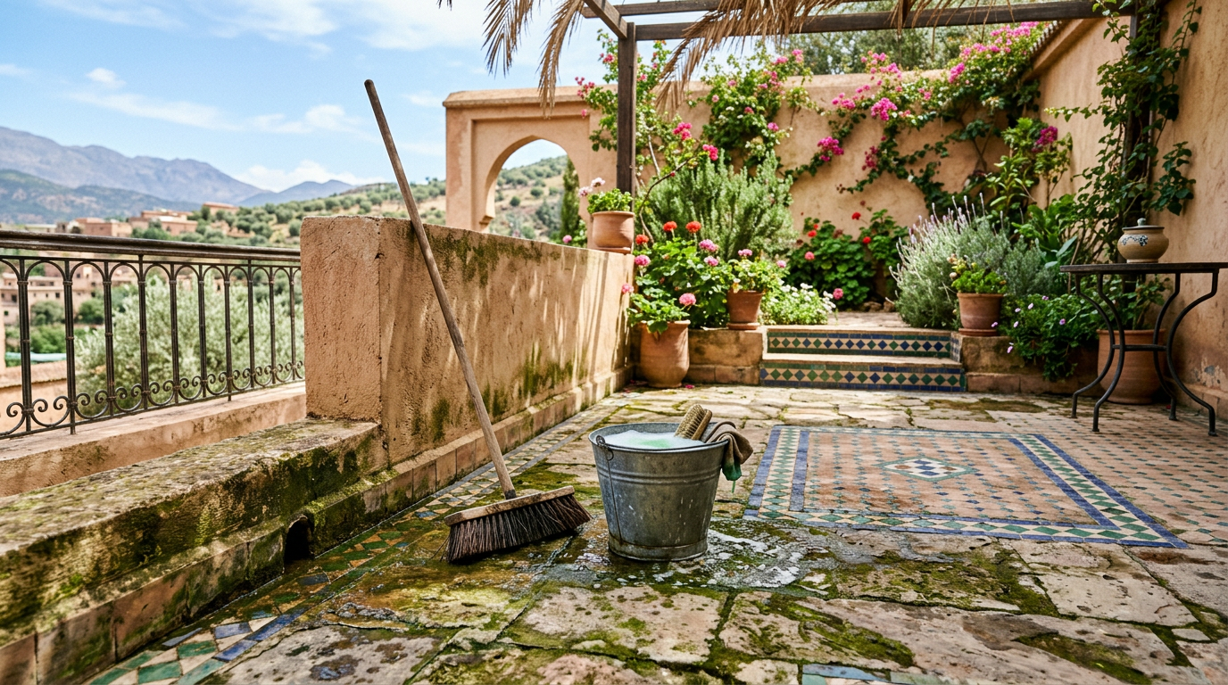 Nettoyer la mousse et les algues sur une terrasse